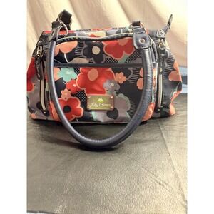 Lily Bloom Floral‎ Satchel Handbag Navy Blue Red Coral Aqua Flowers Top Handle